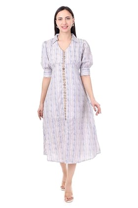 MR ANDERSONS Women’s Striped Midi Dress Puff Sleeve Button Down Fit and Flare