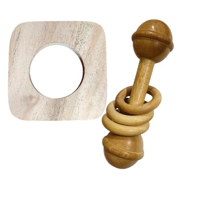 Wooden Baby Rattle Toy with Rings, Natural Wood Teething Toy with Base Stand