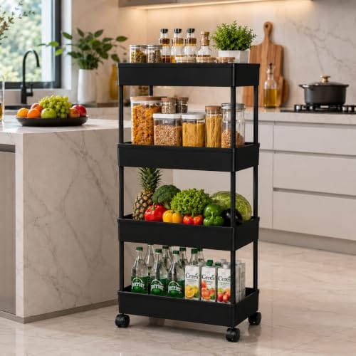 AEXONIZ TOYS Space Saving 4 Layer Storage Rack with Wheels, Multipurpose Slim Rolling Trolley Organizer for