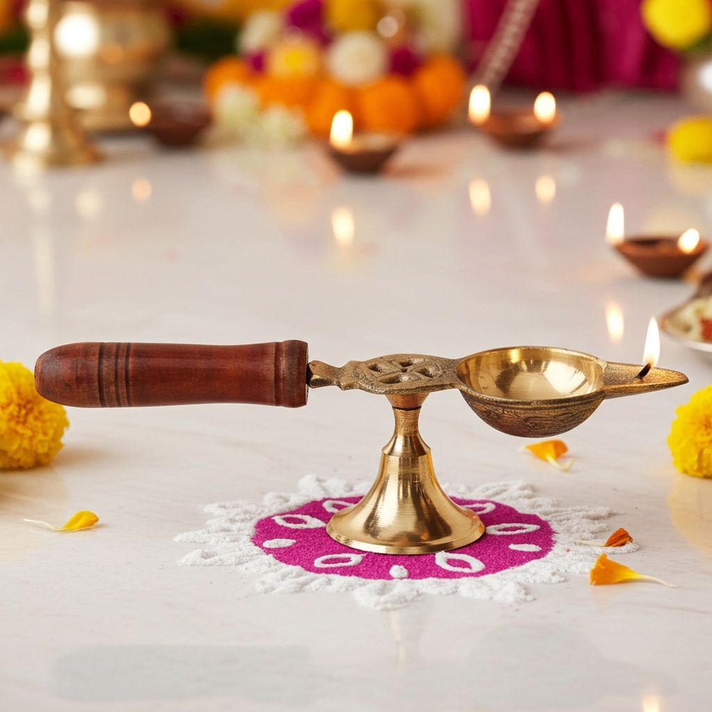 Brass Table Decor Oil Lamp Deepak With Wooden Handle  - Durable Puja Deepak, Height : 1.8 Inch (FMAS363 D)
