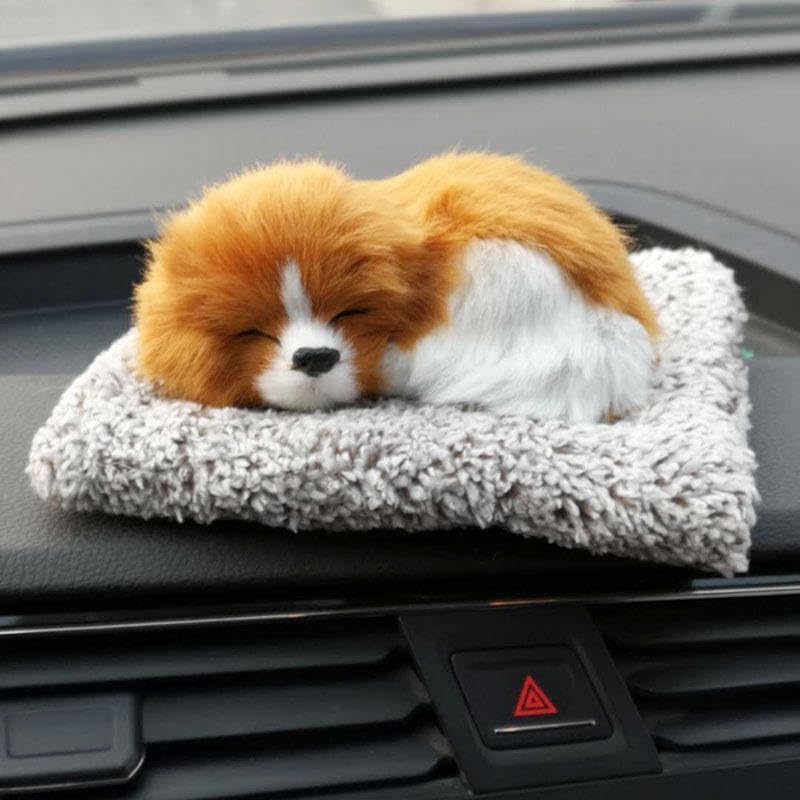 Sleeping Dog Car Dashboard Toy with Soft Plush Fur and Non Slip Base - Cute Puppy Decorative Showpiece for Car