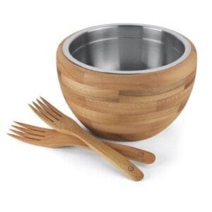 Handicraft Exim Wooden Salad Bowl Set with Servers | Natural Wood & Stainless Steel | Elegant Dining