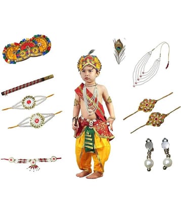 Kaku Fancy Dresses Krishna Costume for Kids Infant Baby Krishna Dress for Boys (Set of 11 - Red Dhoti, Patka(Stole), Belt, Fabric Pagdi, Layer Pearl Mala, Moti Bajuband, Earrings, Bansuri & Morpankh)