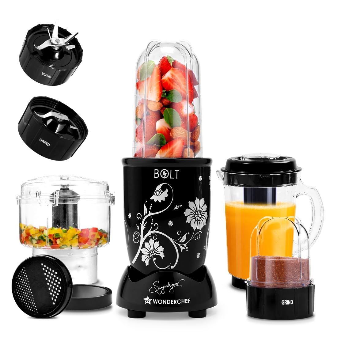 Wonderchef Nutri-blend BOLT Complete Kitchen Machine|600W Powerful100% Full Copper Motor|4 unbreakable jars with Sipper lid|2 Years warranty|Recipe book by Chef Sanjeev Kapoor|Black Wonderchef Nutri-blend BOLT Complete Kitchen Machine|600W Powerful100% F