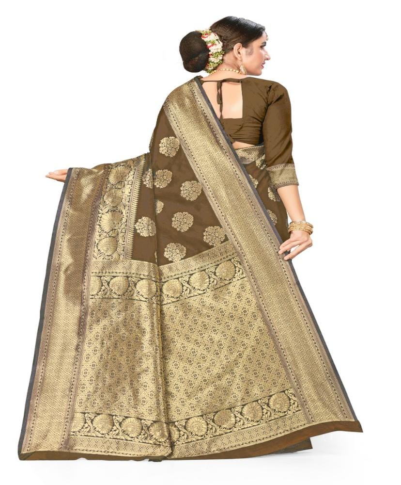 Women's Banarasi Silk Designer Weaving Saree with Unstitched Blouse (Brown, 5.50 Mtrs)
