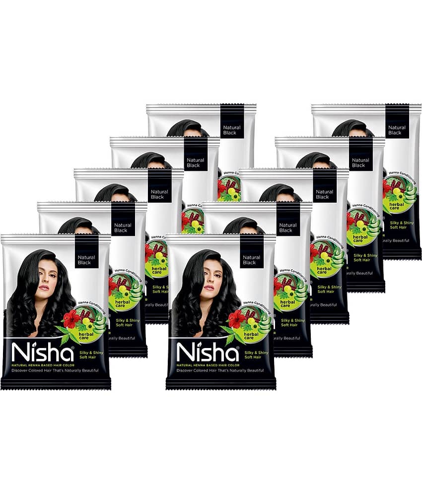 Nisha Henna Based Hair Color Natural Black 25gm Pack of 10, Ammonia Free Henna Powder Hair Colour Dye Black Hair Color