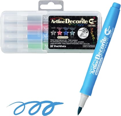 Artline Decorite Metallic Brush Markers Set of 4 in Red, Silver, Blue & Green Vibrant Colours | Popular Choice For Artists And Crafters Artline Decorite Metallic Brush Markers Set of 4 in Red, Silver, Blue & Green Vibrant Colours | Popular Choice For Artists And Crafters