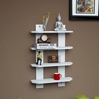 Onlinecraft Wooden Wall Stand Wooden Wall Shelf (Number Of Shelves - 4, White)