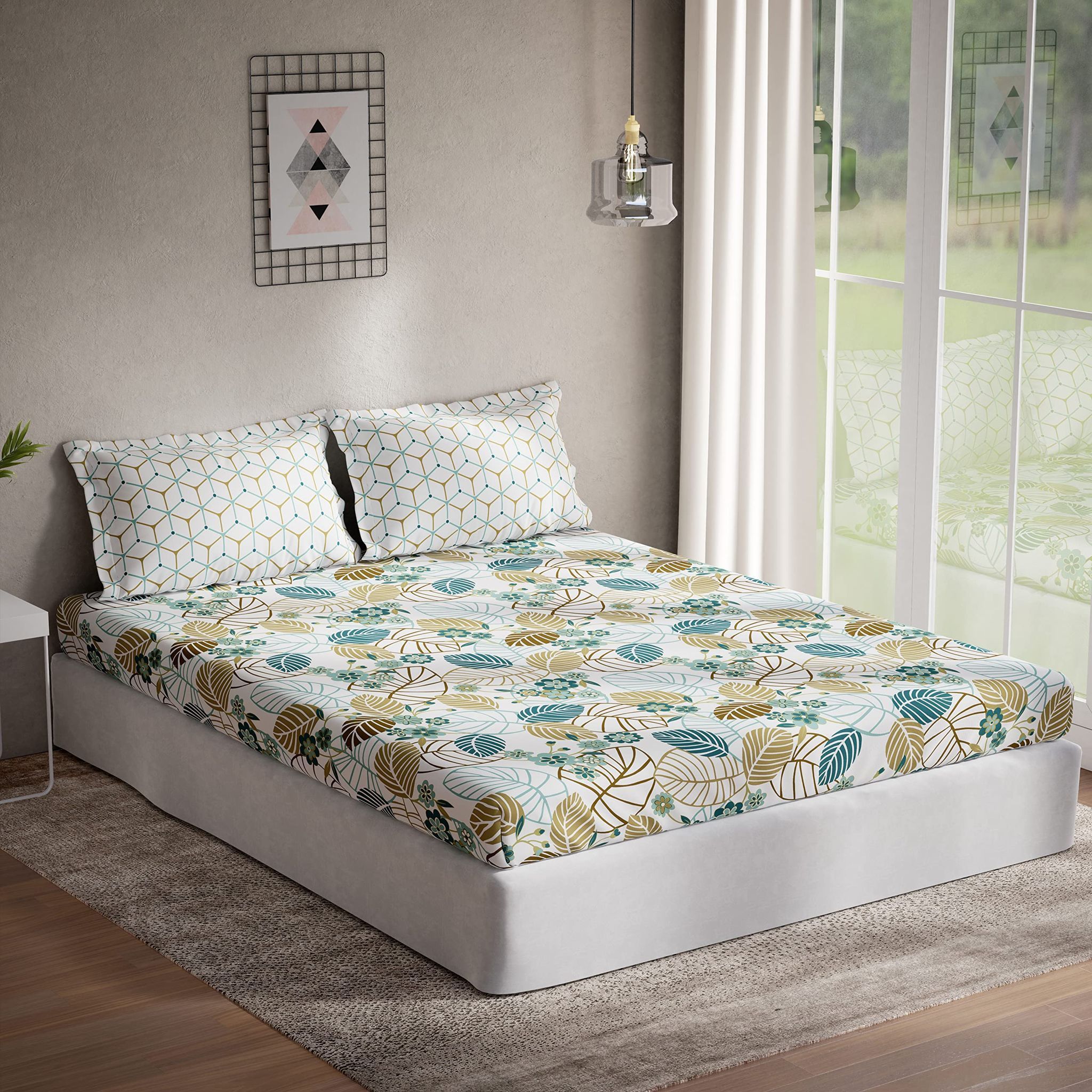 DDECOR - Optima Collection 100% Cotton Leaves Pattern 136 TC Queen Bedsheet |224 CM X 254 CM| Green