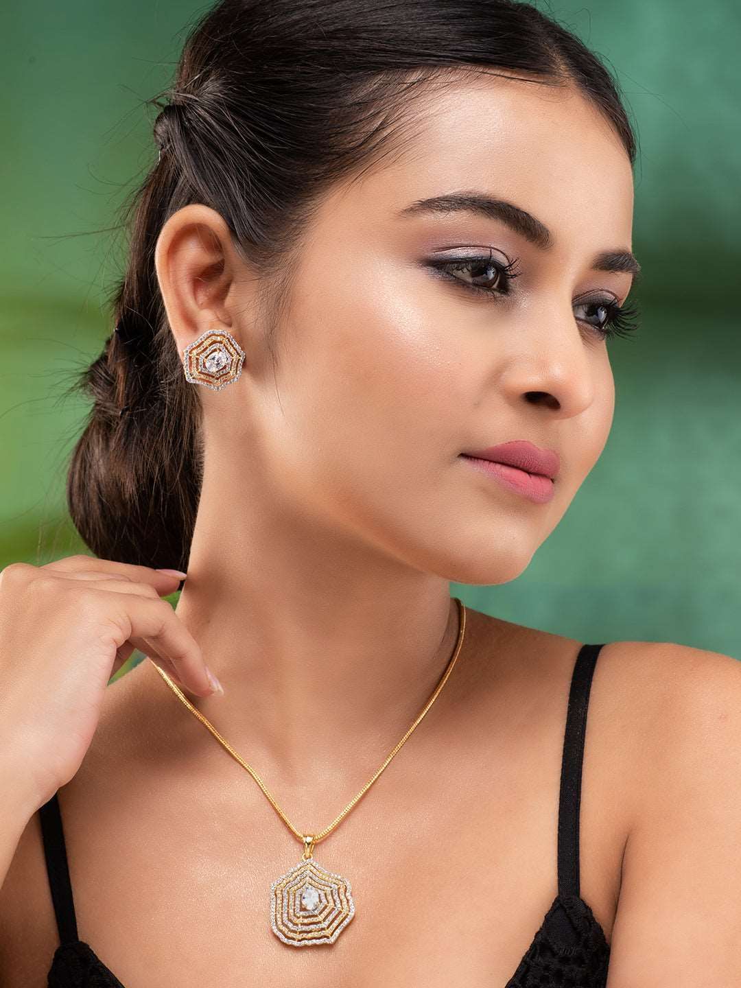 Gold Plated AD Studded Statement Pendant jewellery set