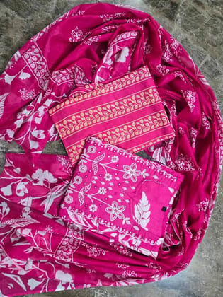 Pure Cotton Dress Material Set | Pink Color Printed Fabric for Top, Pant & Dupatta