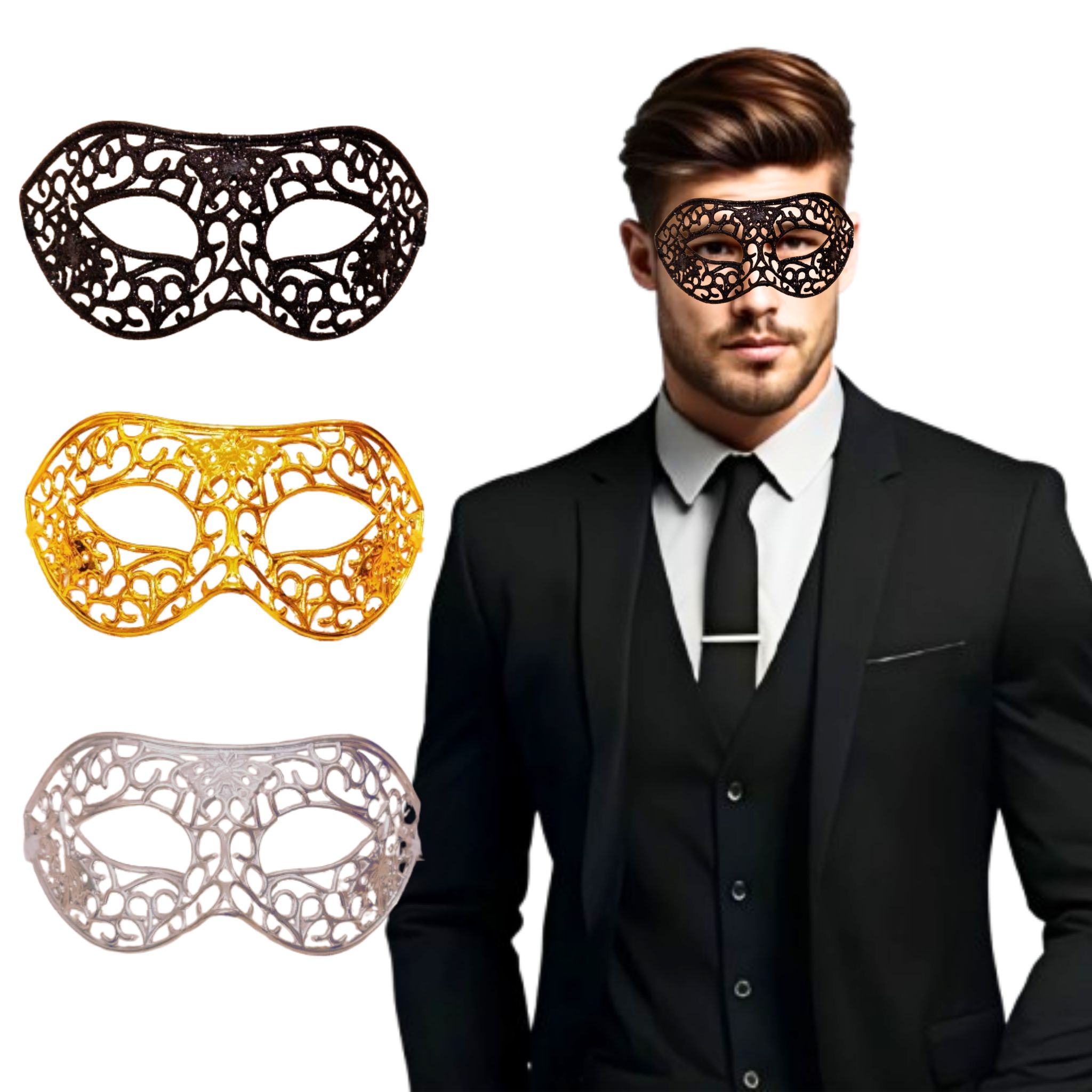 Masquerade Black, Golden & Silver Mask Set for Men - 3PC