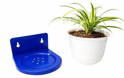 Wall Mounted Plant Holder with Free Pot Included | Plastic Hanging Planter Shelf for Indoor Outdoor Garden & Balcony (Blue White)