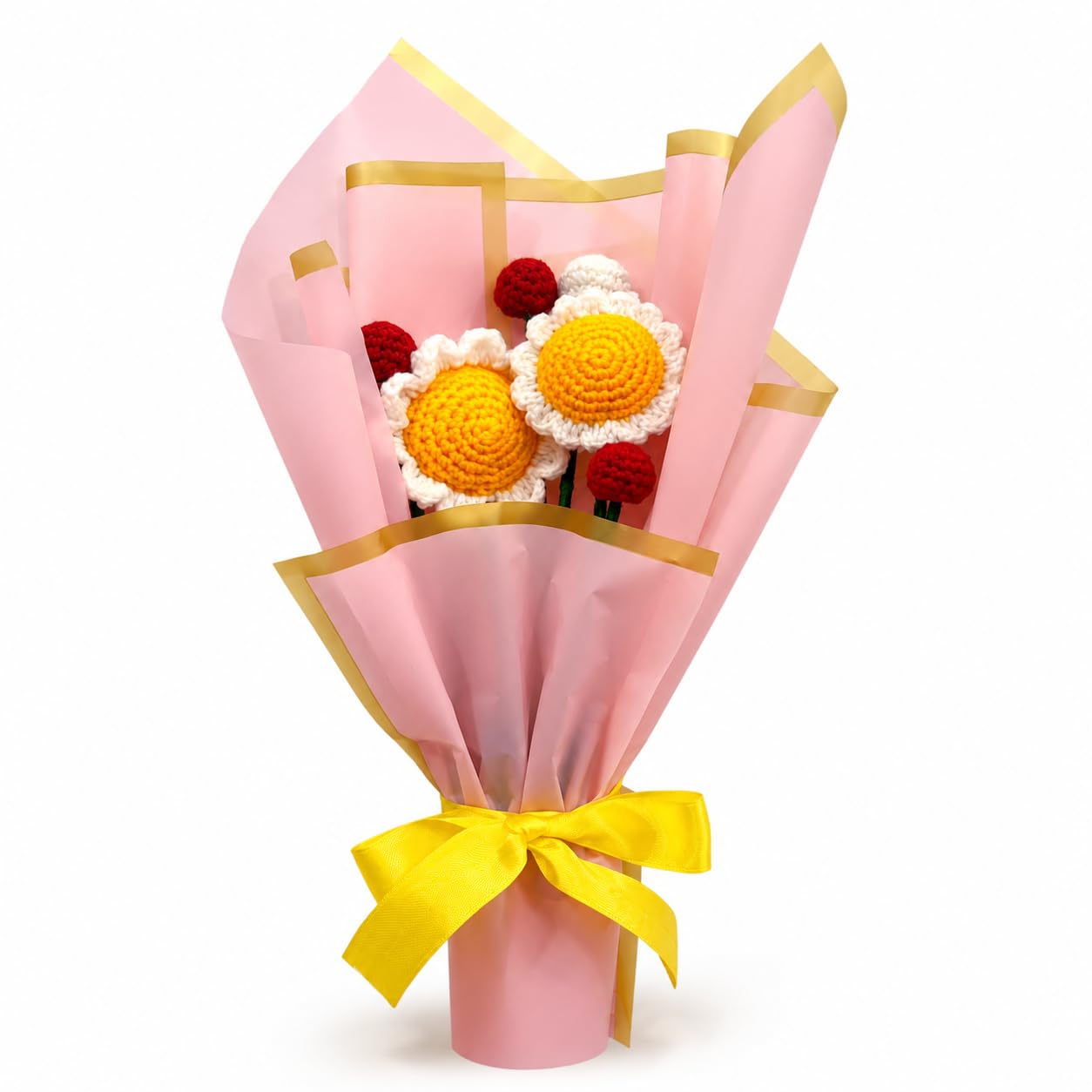 Rareity Crochet Daisy Flower Bouquet with Aroma – Handmade Knitted Artificial Flowers with Premium Pink Wrapping | Gift for Women, Girlfriend, Wife, Mom & Friends