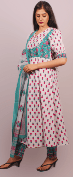 Rekha fashion_stylish wear cotton  white-blue printed kurti set with dupatta