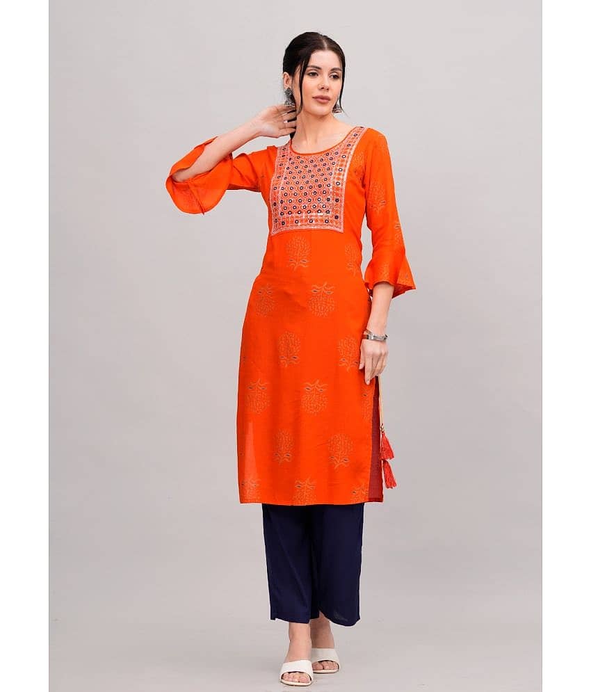 MAUKA Rayon Embroidered Kurti With Palazzo Women's Stitched Salwar Suit - Orange ( Pack of 1 )