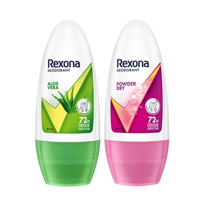 Rexona Women Underarm Roll-On Deodorant Combo of 2 | Aloe Vera (50 ML) and Powder Dry Roll-On (50 ML) | Long-Lasting 72 Hours Odour Protection | 0% Alcohol Rexona Women Underarm Roll-On Deodorant Combo of 2 | Aloe Vera (50 ML) and Powder Dry Roll-On (50 ML) | Long-Lasting 72 Hours Odour Protection | 0% Alcohol