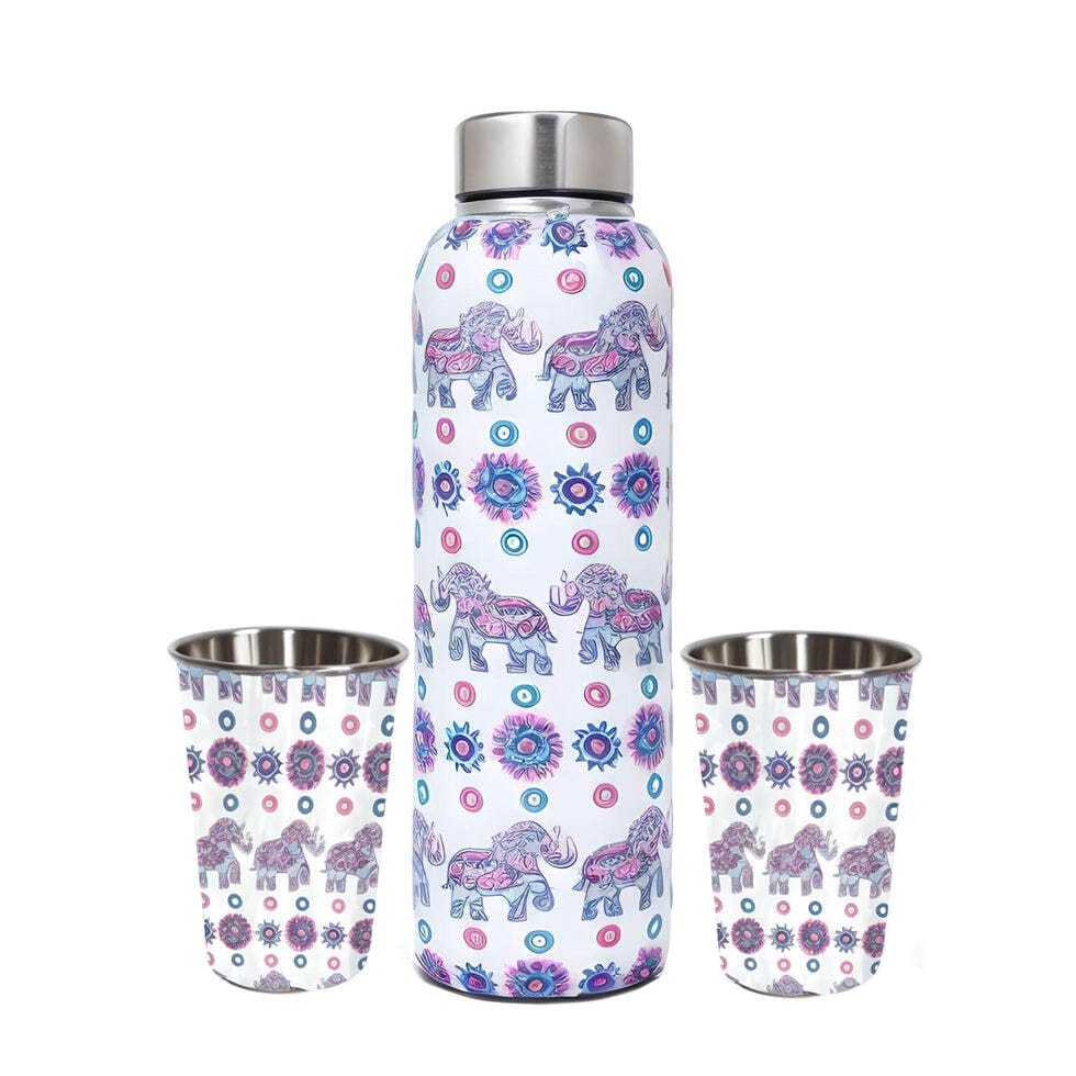 La'Forte Premium 1000 Ml Stainless Steel Bottle 02x250 Ml Drinking Glass (Purple Elephant)