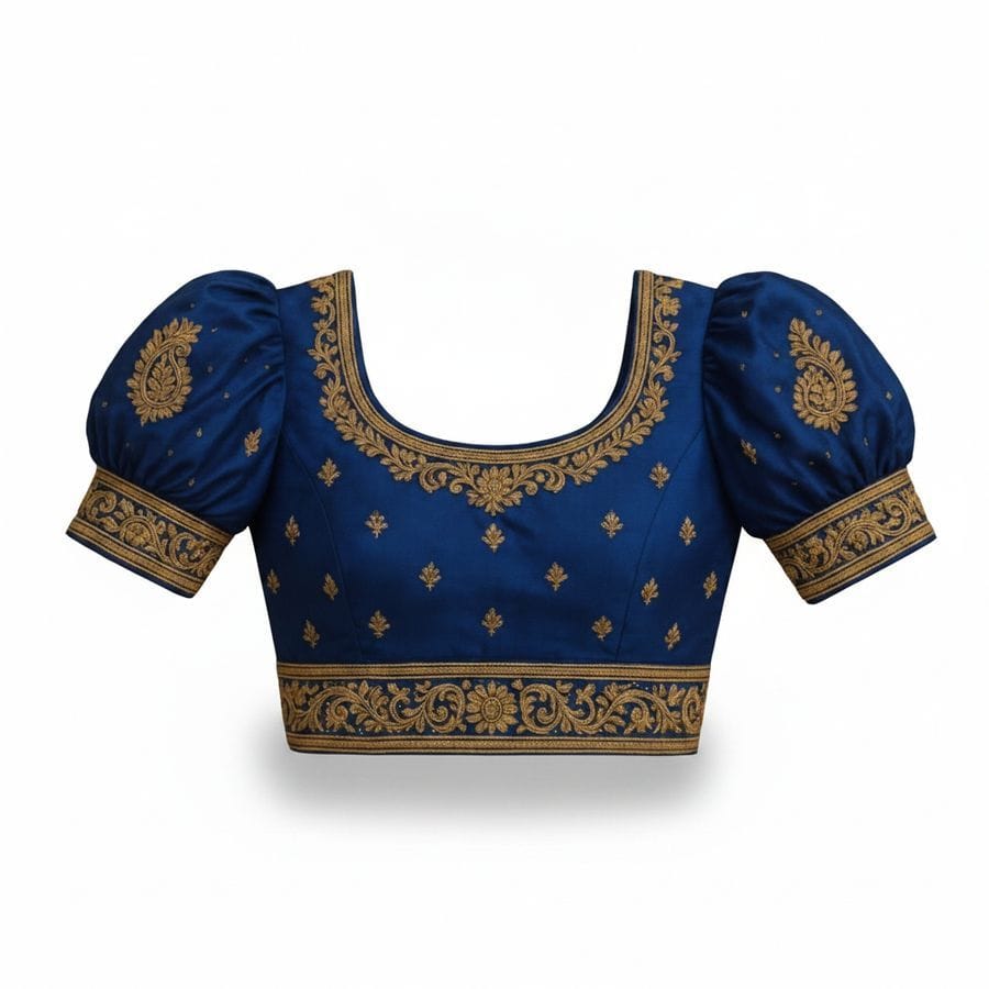 Blue Embroidered Ethnic Blouse with Puff Sleeves