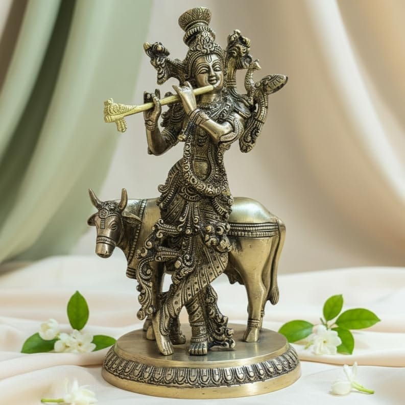 Sukh Sehaj Dhenu Gopal (Shree Krishna) Murti | Brass Murti | Handcrafted, Antique Black Finish, 9.8 Inch, for Home Temple, Decor, Pooja Ritual and Gifting