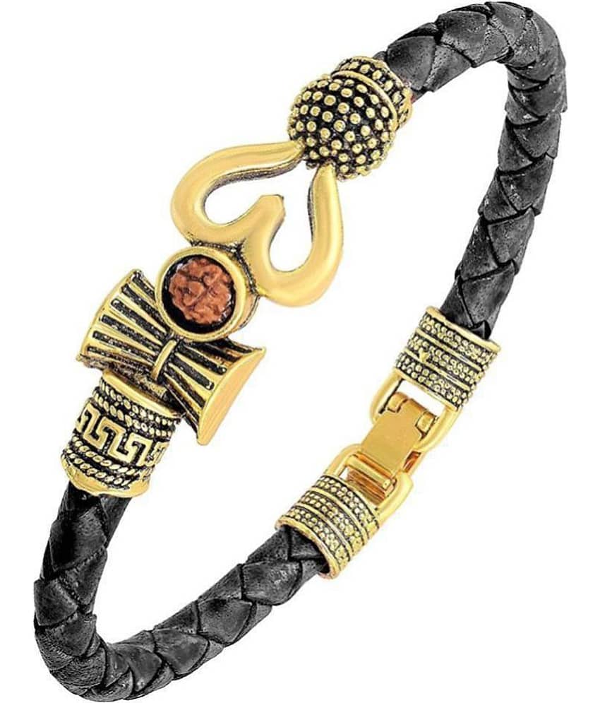 Rudraksha OM Trishul Damroo Designer Oxidized Golden Rakhi Leather Kada Kadas Bracelet
