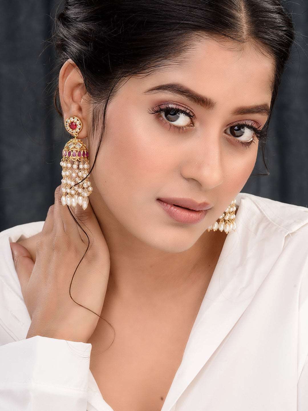 Gold Plated Red AD studded Pearl Dops Jhumka Earrings