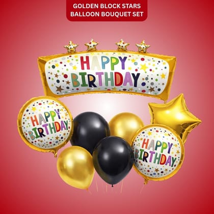 Happy Birthday Golden Block & Star Balloons - Set of 8