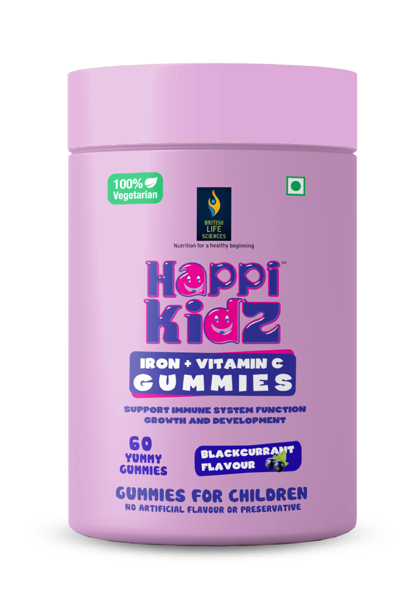 Happi Kidz Nutrition For A Healthy Beginning Happi Kidz Iron + Vitamin C Gummies For Kids-(60 Gummy Bears) -Supports Immune System Function, Blackcurrent Flavor