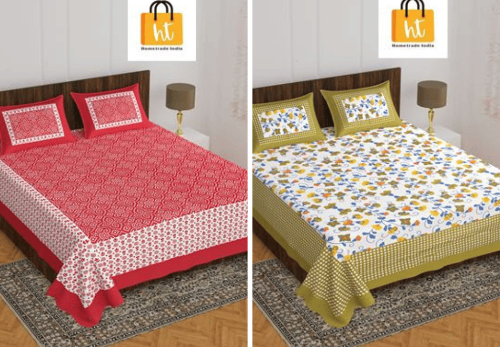 2201-Hometrade India- Standard Double Size (90*100 in )-Combo Jaipuri Double bedsheet With Matching Pillow Cover