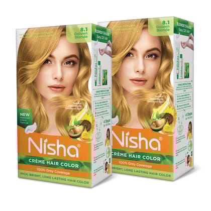 Nisha Creme Hair Color 8.1 Golden Blonde 120g Pack of 2, Permanent Hair Colour for Women & Men, Long Lasting Hair Color