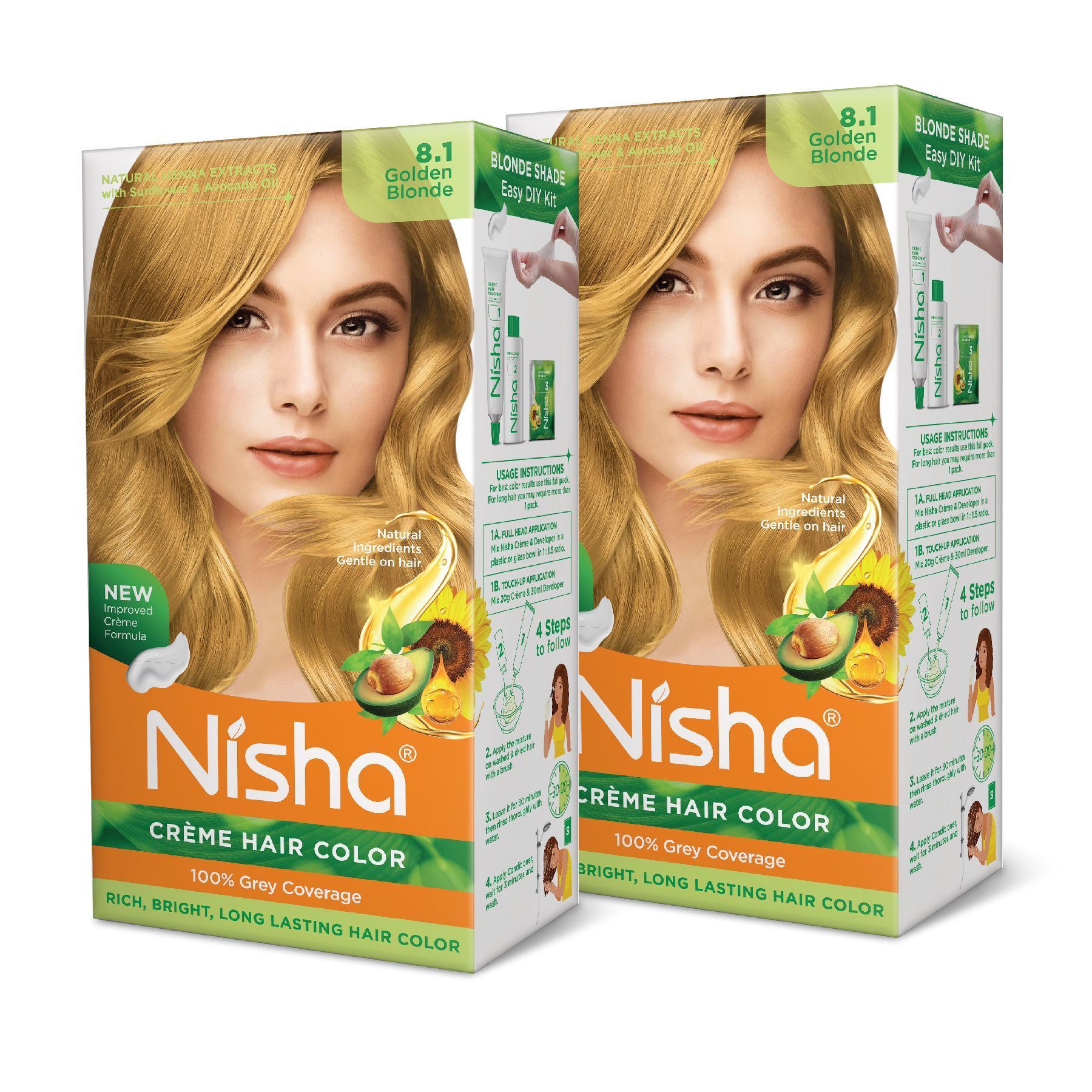 Nisha Creme Hair Color 8.1 Golden Blonde 120g Pack of 2, Permanent Hair Colour for Women & Men, Long Lasting Hair Color