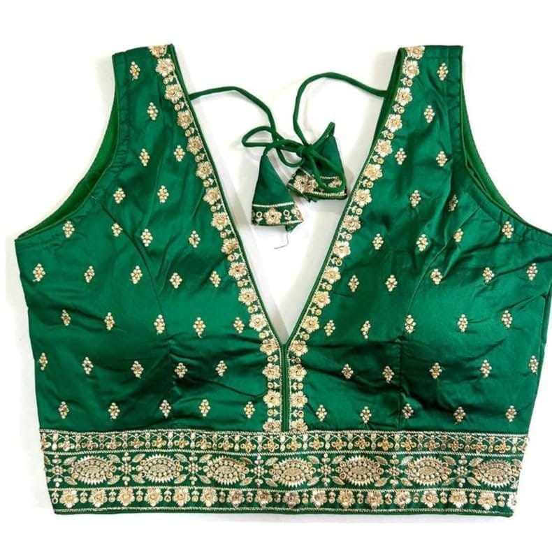Women's Silk Thread Work V Neck Sleeve Less Readymade Blouse (Green, Free Size)-PID57724