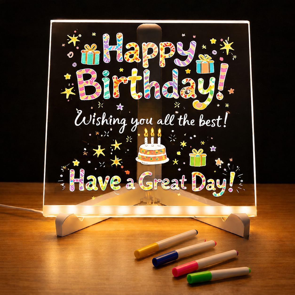 One94Store LED Acrylic Writing Board with Light & 4 Pens | 15x15 cm DIY 3D Rewritable Message Pad | Personalized Night Lamp & Display Board for Home, Office Desk, Kids & Gifts