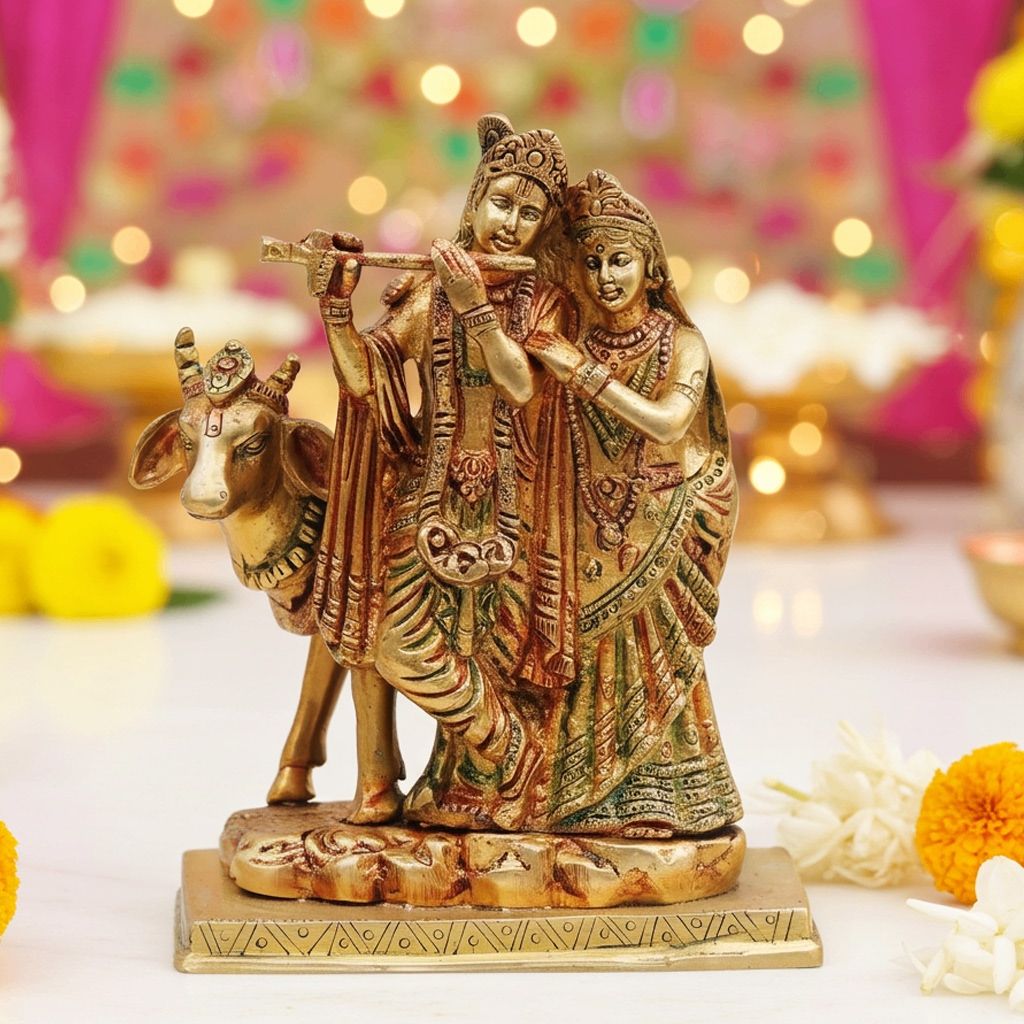 Brass Radha Krishna With Cow Idol - Divine Religious Showpiece, Height : 7.5 Inch (BSMAS400)