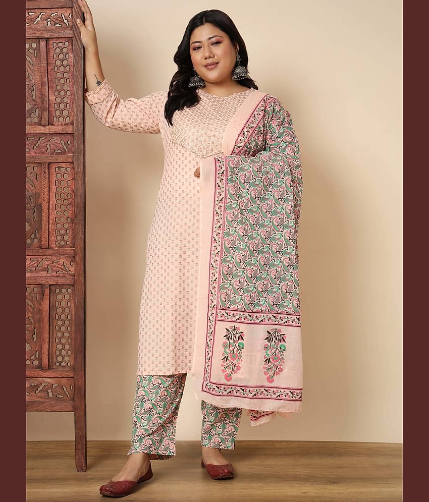 Vbuyz Cotton Printed Kurti With Pants Women's Stitched Salwar Suit - Peach ( Pack of 1 )
