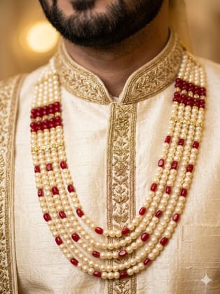 traditional layered groom wedding dulha elegant maroon and white pearl necklace