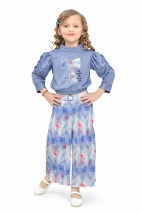 Be:Kids Blue Puff-Sleeve Top and Floral Palazzo Pants Set for Girls