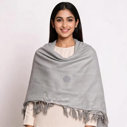 Silver Cotton Solid Tassel Shawl For Women