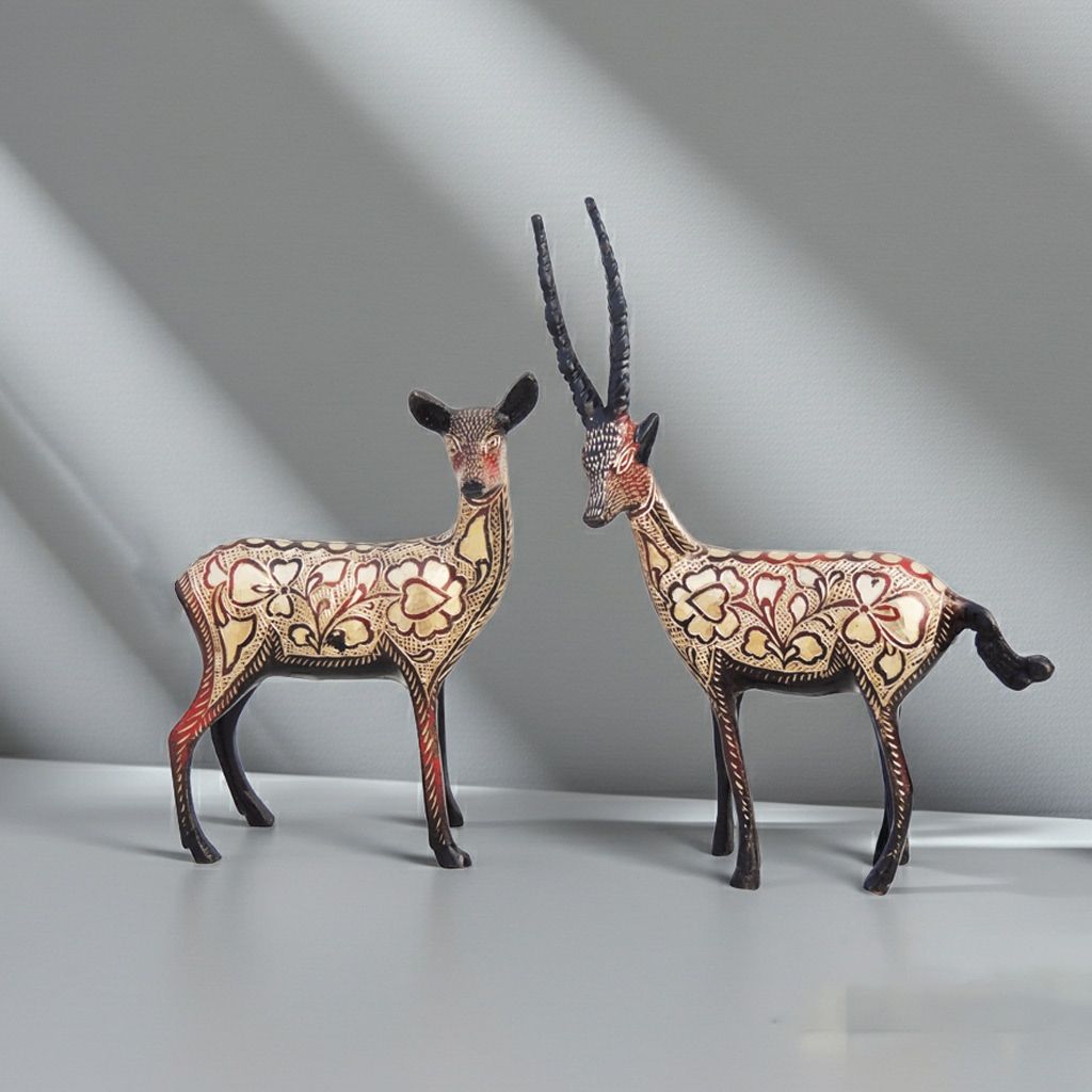Traditional Brass Deer Pair Home Decor Showpiece Statue – Handcrafted Finish, Height : 10 Inch (ANMAS181 A)