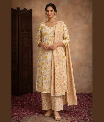 Aarika Women Cotton Printed Straight Kurti With Pants ( Yellow )