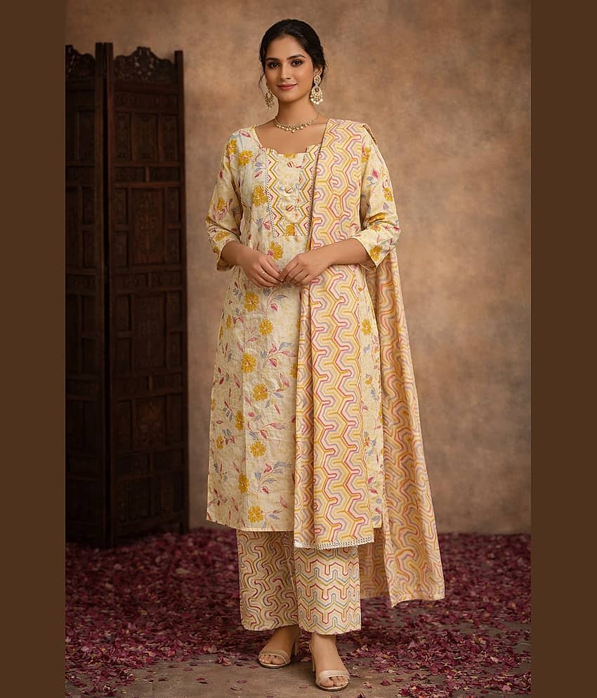 Aarika Women Cotton Printed Straight Kurti With Pants ( Yellow )