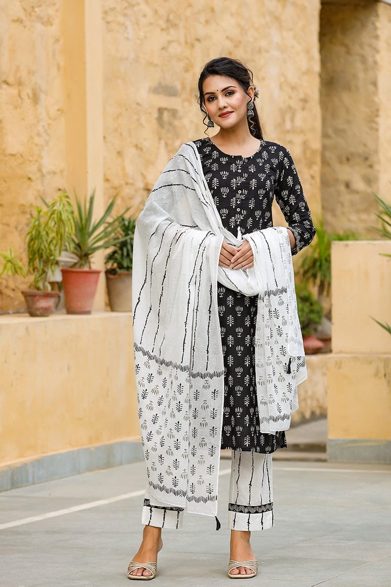 Black Cotton Blend Ethnic Motifs Printed Suit Set VKSKD1100