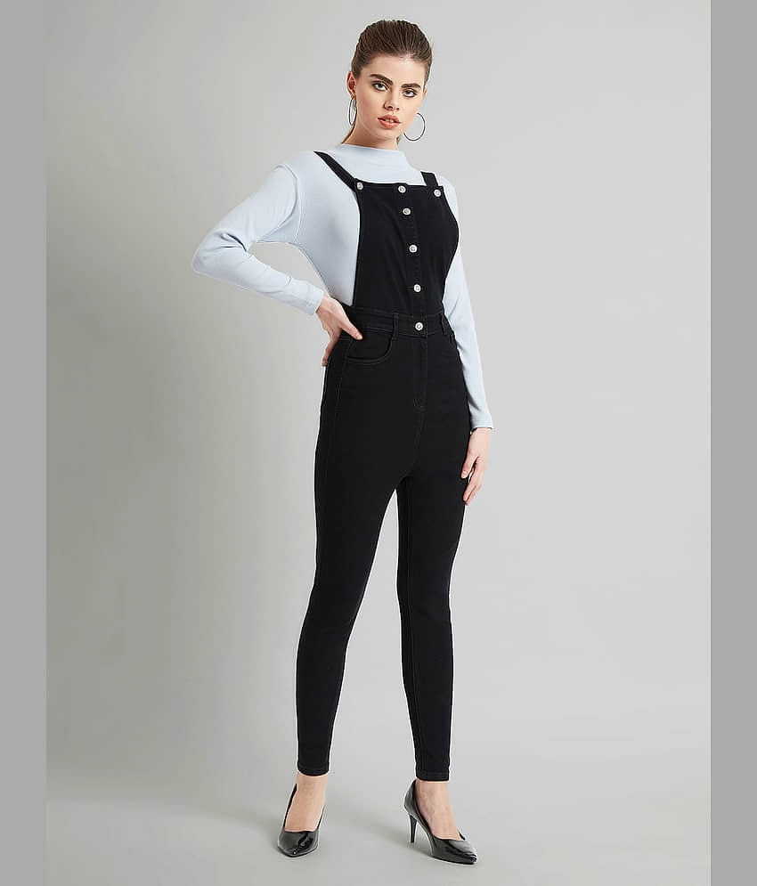 Miss Chase Women Solid Denim Dungarees ( Black )