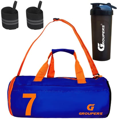 GROUPERS Combo Set of Duffle Polyester Bag with Shaker Bottle-700ml & Wrist Band (Blue 07) GROUPERS Combo Set of Duffle Polyester Bag with Shaker Bottle-700ml & Wrist Band (Blue 07)