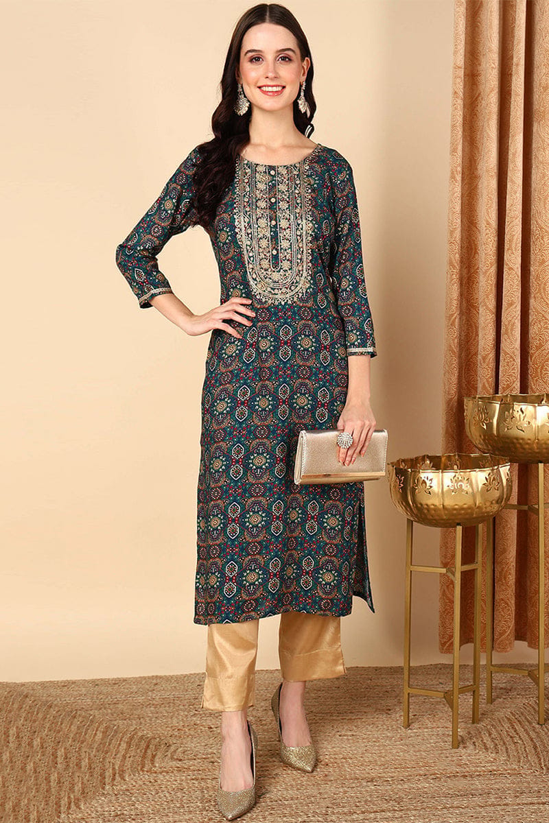Plus Size Blue Viscose Rayon Bandhani Printed Straight Kurta VCK9596