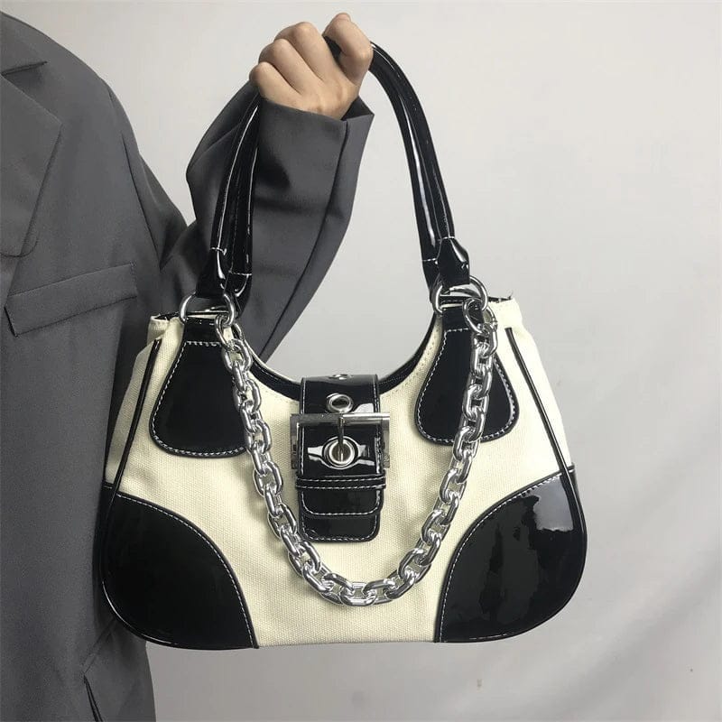 BUSY GIRL MS1001 Patent leather canvas purse metal chain handbags Y2K sexy girl vintage shoulder hand bags