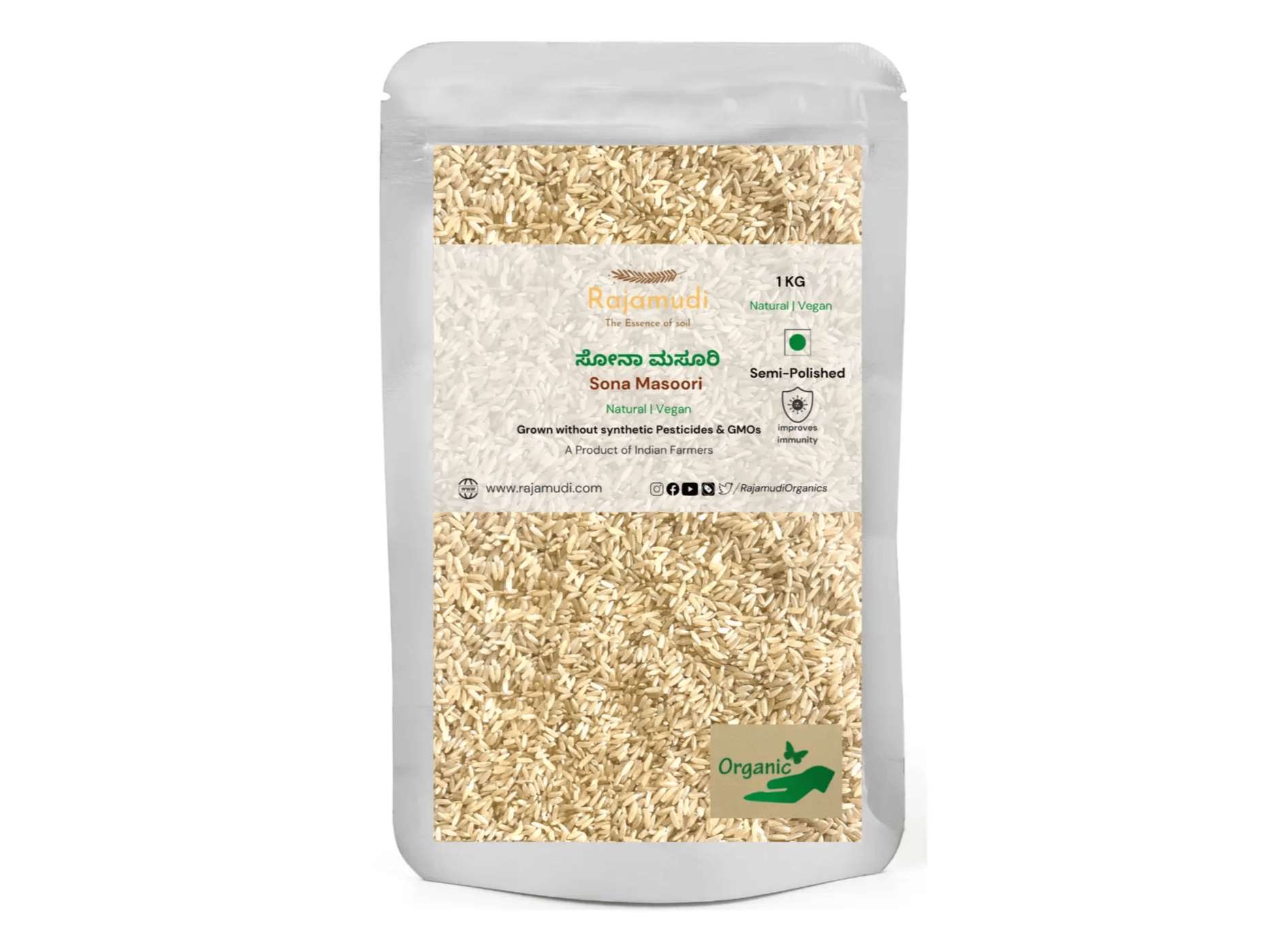 Rajamudi Organics Organic Sona Masoori Rice Semi Polished - 1 Kilogram