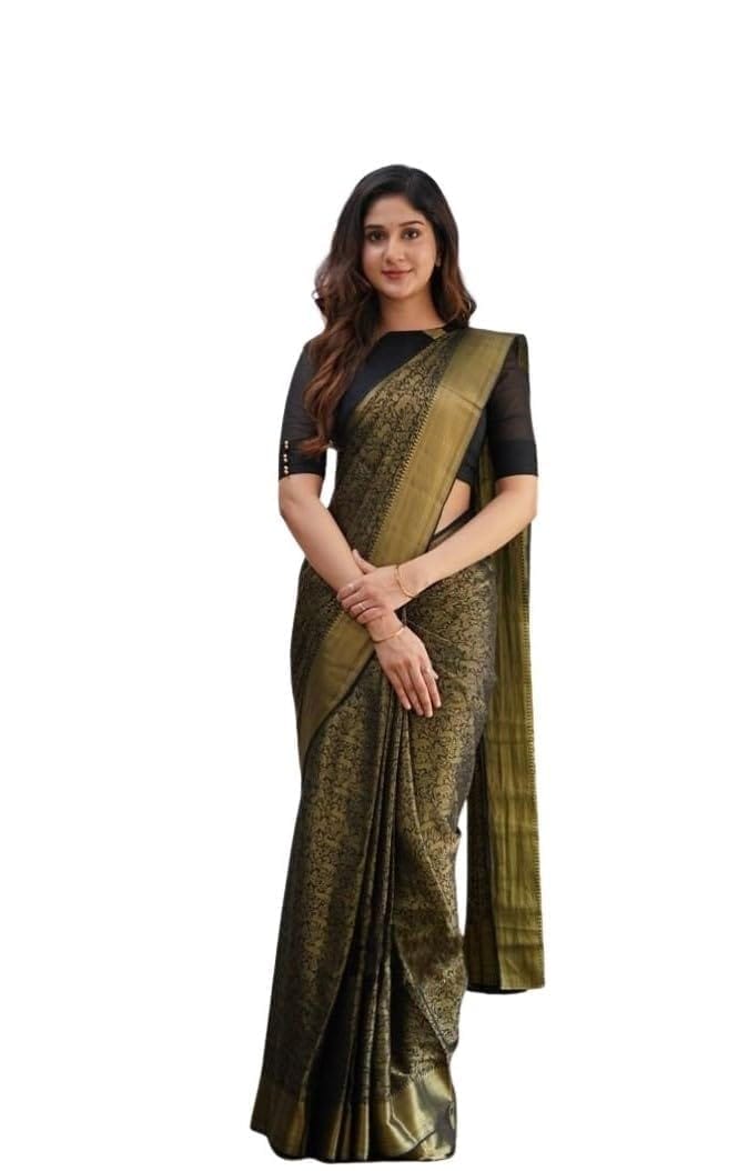 Women's Soft Lichi Silk Printed Saree With Unstitched Blouse 5.5Mtr (Green)-PID63629