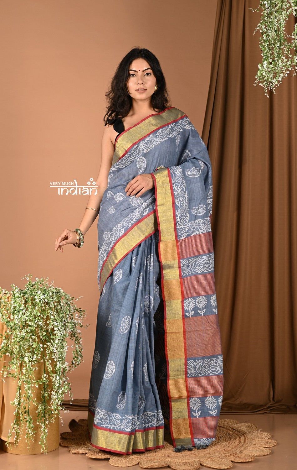 Khadi Handloom - Pure Cotton Handblock Printed Saree - Prussia Grey