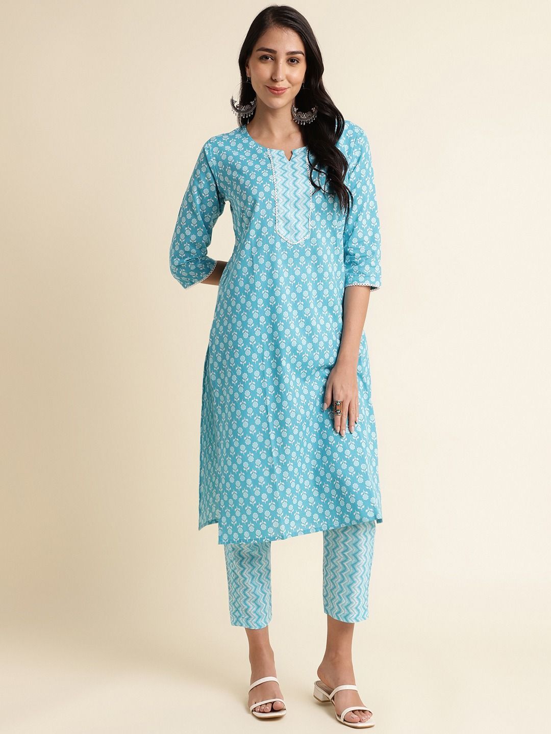Women’s Sky Blue Floral Block Print Cotton Kurta Set – Casual, Comfortable & Stylish with V-Neck & 3/4 Sleeves